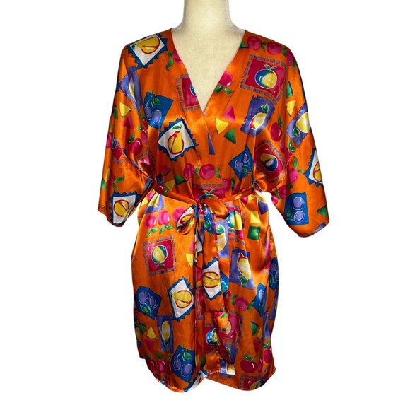 vassarette Other - Vintage Vassarette Robe Size Large Kimono Fruit Colorful Orange Satin 90s Retro